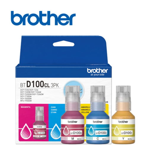 1-265.png Tripack Botellas de Tinta Brother BTD100CL3PK (Cian/Magenta/Amarillo), 5000 Páginas (al 5%), Compatible con Serie T | BTD100CL3PK